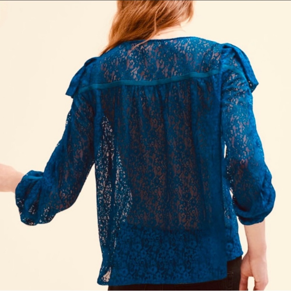 MAJE Lipse Floral Lace Ruffled Blouse Blue Size 1 - Picture 2 of 11